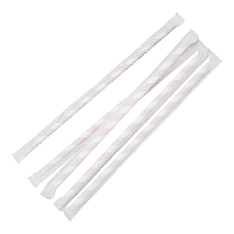 Pailles compostables en papier emball&eacute;es individuellement Fiesta Compostable &agrave; rayures rouges (lot de 250)