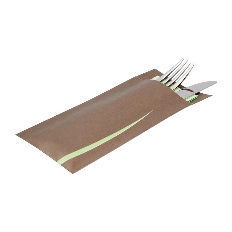 Pochettes &agrave; couverts marron avec serviette blanche Europochette (lot de 100)