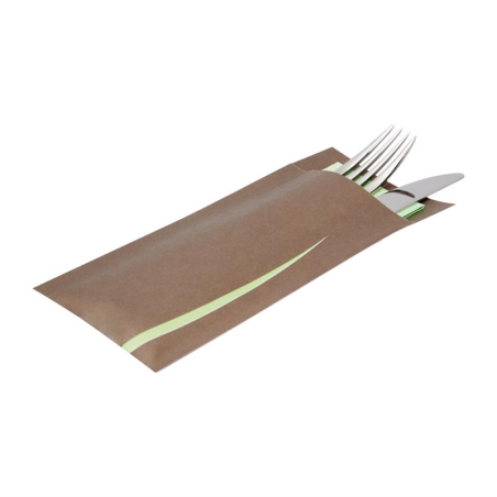 Pochettes &agrave; couverts marron avec serviette blanche Europochette (lot de 100)