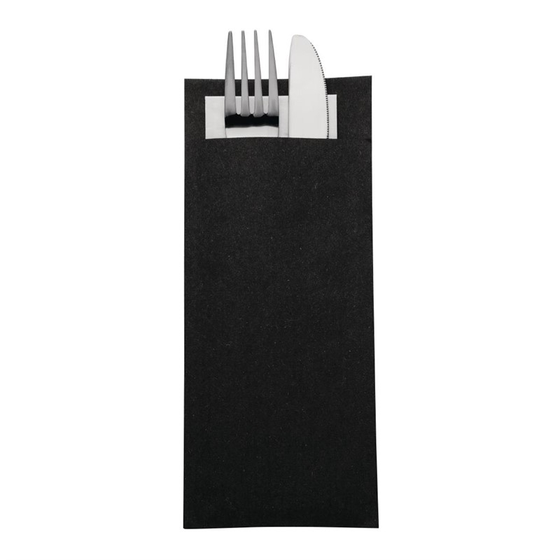 Pochettes &agrave; couverts bordeaux avec serviette noires Europochette (lot de 500)