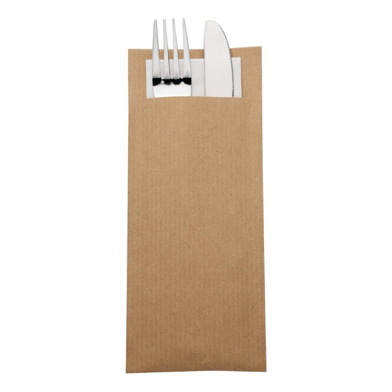 Pochettes &agrave; couverts kraft avec serviette blanche Europochette (lot de 500)