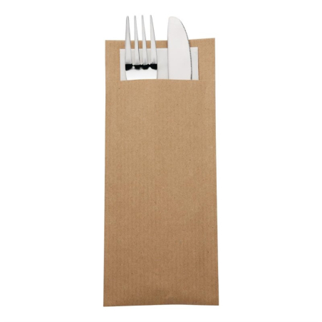 Pochettes &agrave; couverts kraft avec serviette blanche Europochette (lot de 500)