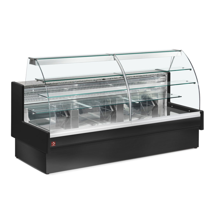 Gekoelde vitrinekast, statisch, laden van onderaf, gebogen ruit, zonder reserve - ZWART - Diamond - VE14/B5-R2P